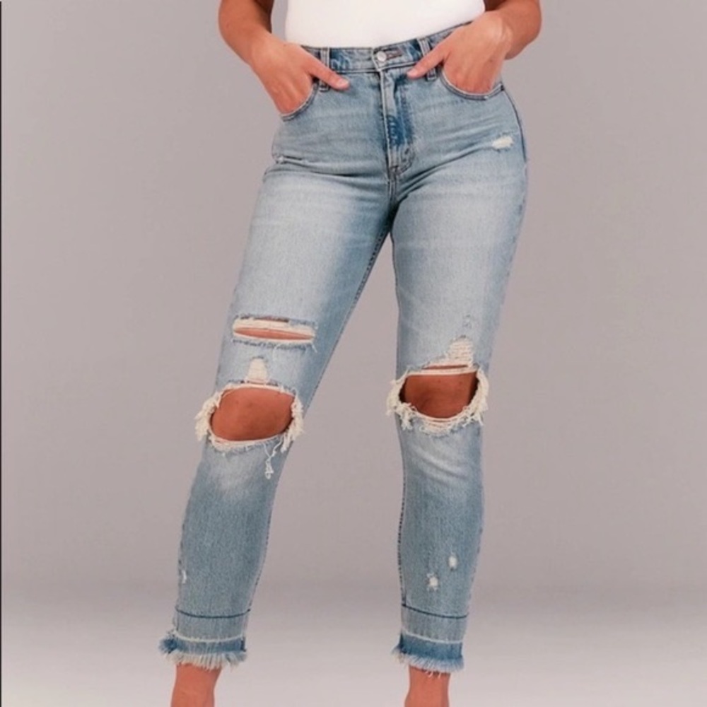 A&F high rise distressed mom jean